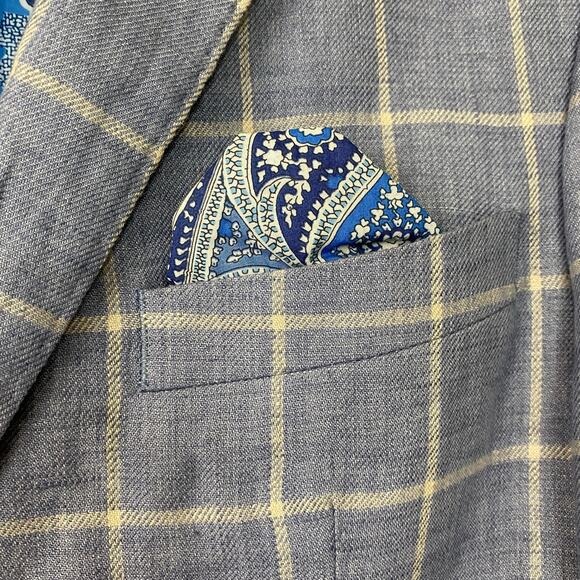 Tallia Mens Windowpane Plaid Elbow Patch Linen Blazer Sport Coat 38R Blue Check - Picture 5 of 14